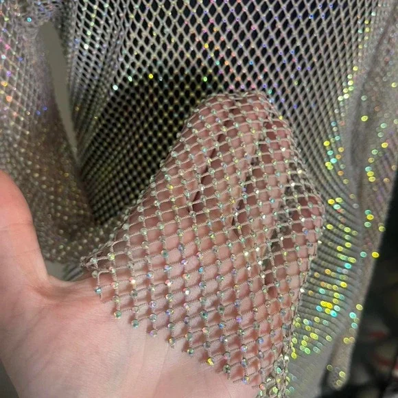 Gold multicolor chainmail mesh long sleeve dress - Picture 4 of 9